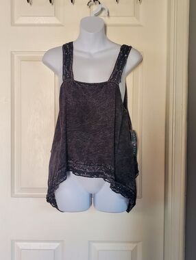 Basil Lola Acid-wash Bohemian Tank Top Gray Lace Trim Oversized Crop Preppy Med
